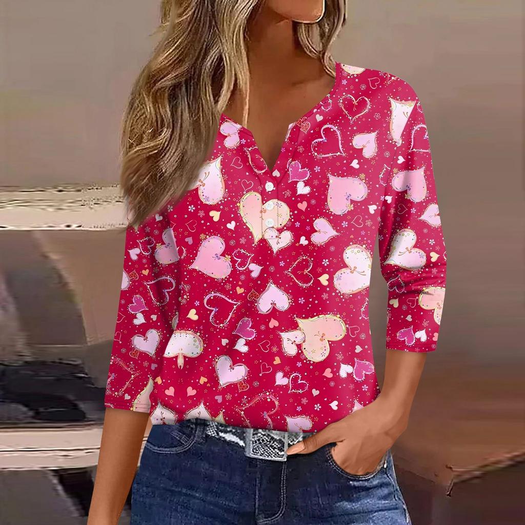 Damen T-Shirt mit Aufdruck zum Valentinstag, Knopfleiste, 3/4-Ärmel, Tunika, Alltag, Wochenende, Mode, Basic, V-Ausschnitt, normales Oberteil