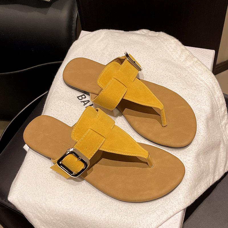 

2025 summer new dopamine summer retro toe belt buckle colored slippers beach flip-flops 35 жёлтый