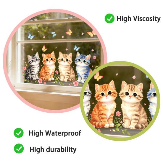 Spring Cat Window Cling Cartoon Cat Flowers Butterflies Window Sticker Reusable Static Glass Decal for Bathroom Kitchen Glass Doors