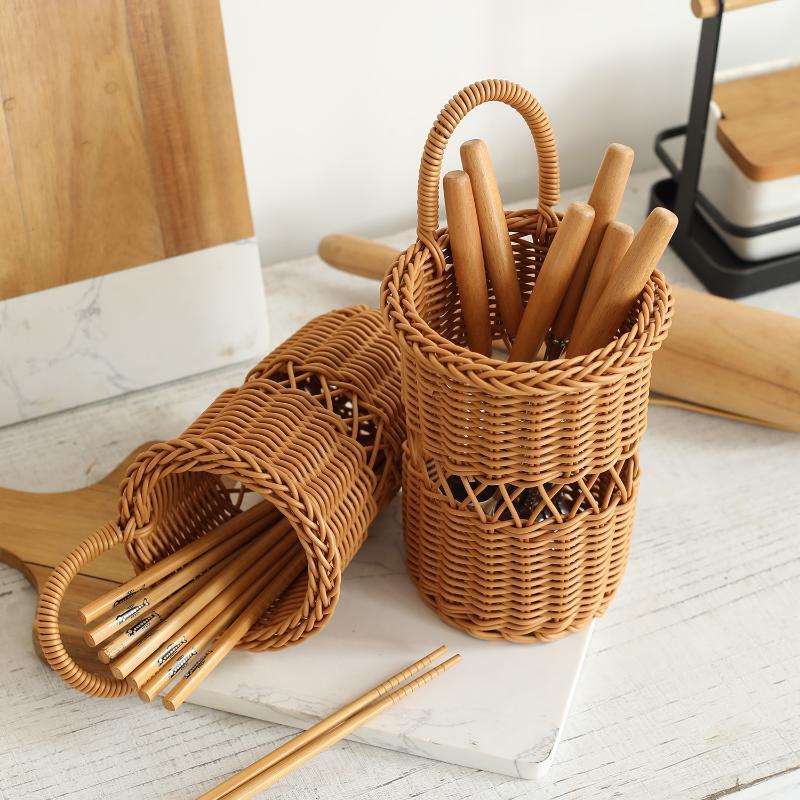 Rattan Weaving Chopstick Cage Wall Mounted Simulated Flower Decoration Hanging Basket Kitchen Tableware Storage Holder