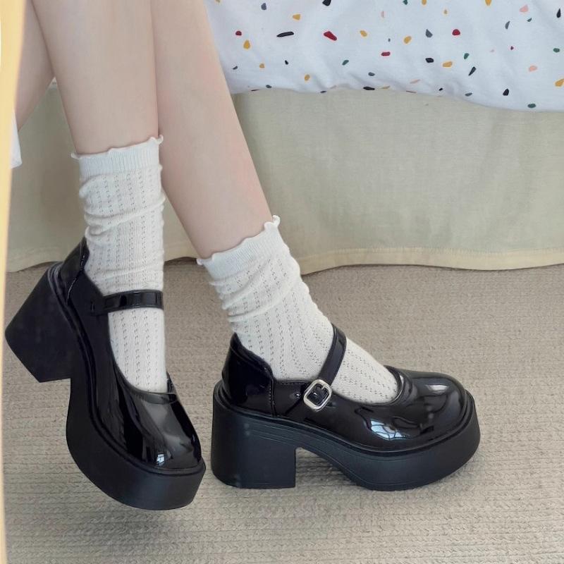 Coarse heel high heel small leather shoes women's spring new thick sole heightening retro Mary Jane single shoes round head