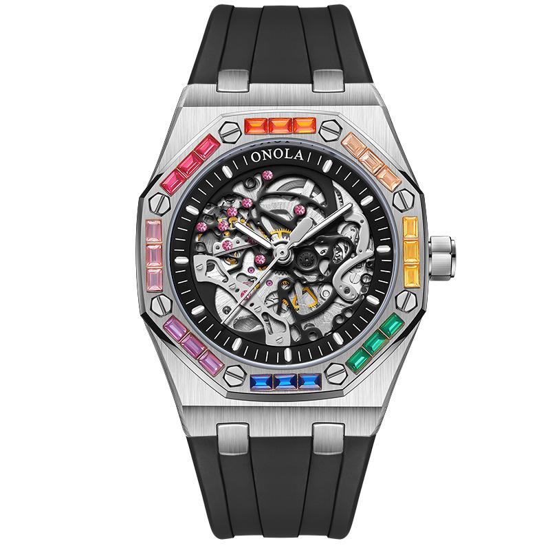 ONOLA Montre Homme Automatique Mécanique Fashion Diamants Arc-en-ciel Bracelet Silicone Étanche