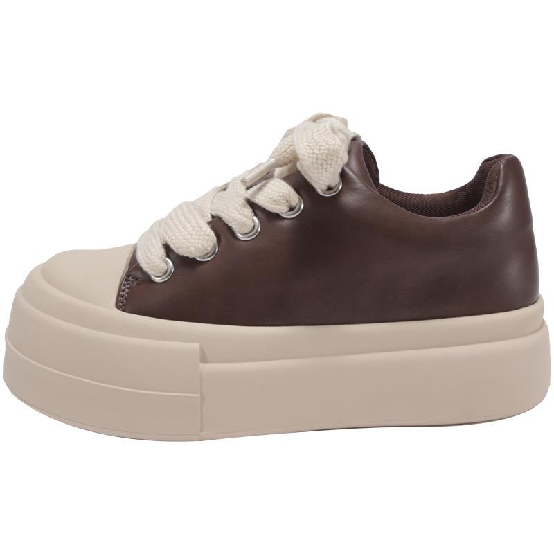 

thick-soled leather surface white shoes women s autumn new fashion single shoes versatile breathable lace-up casual board shoes 39 коричневый