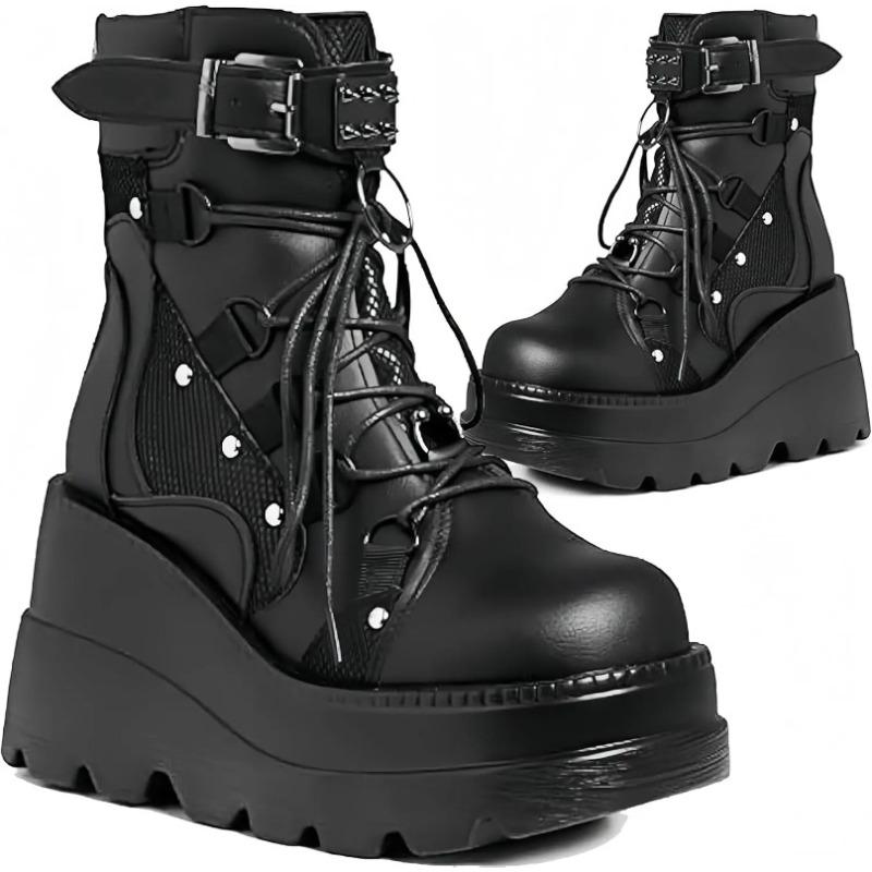 Fashion Women's Goth Cosplay Wedge Combat Ankle Boots Fashion Stylish Punk Buckle Lace-up Zipper Dress Boots Ladies Winter Outdoor Shoes