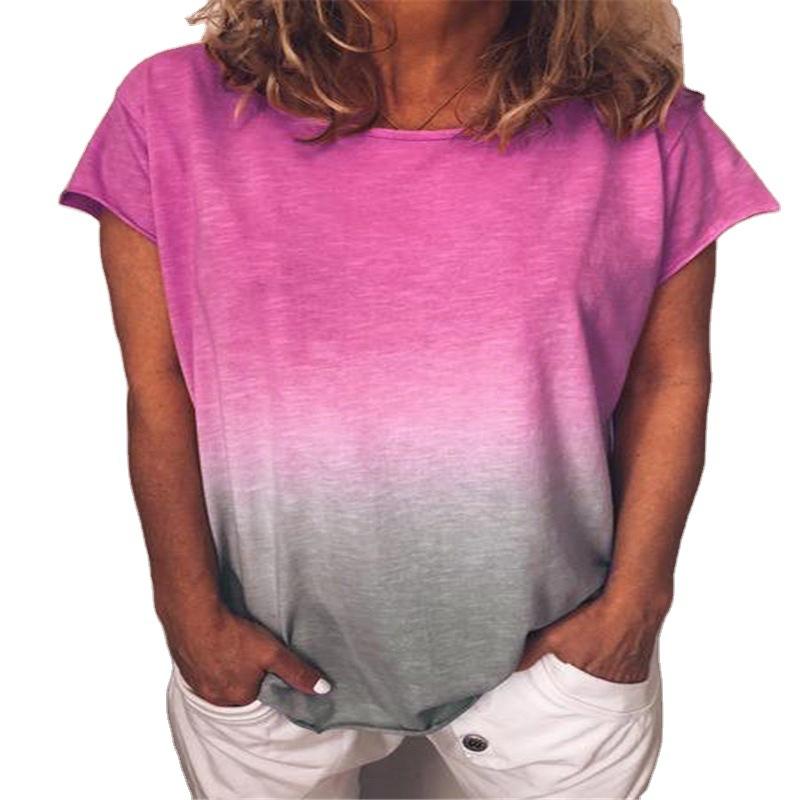 Women's Summer Rainbow Gradient Printed Round Neck Short Sleeve Loose T-shirt