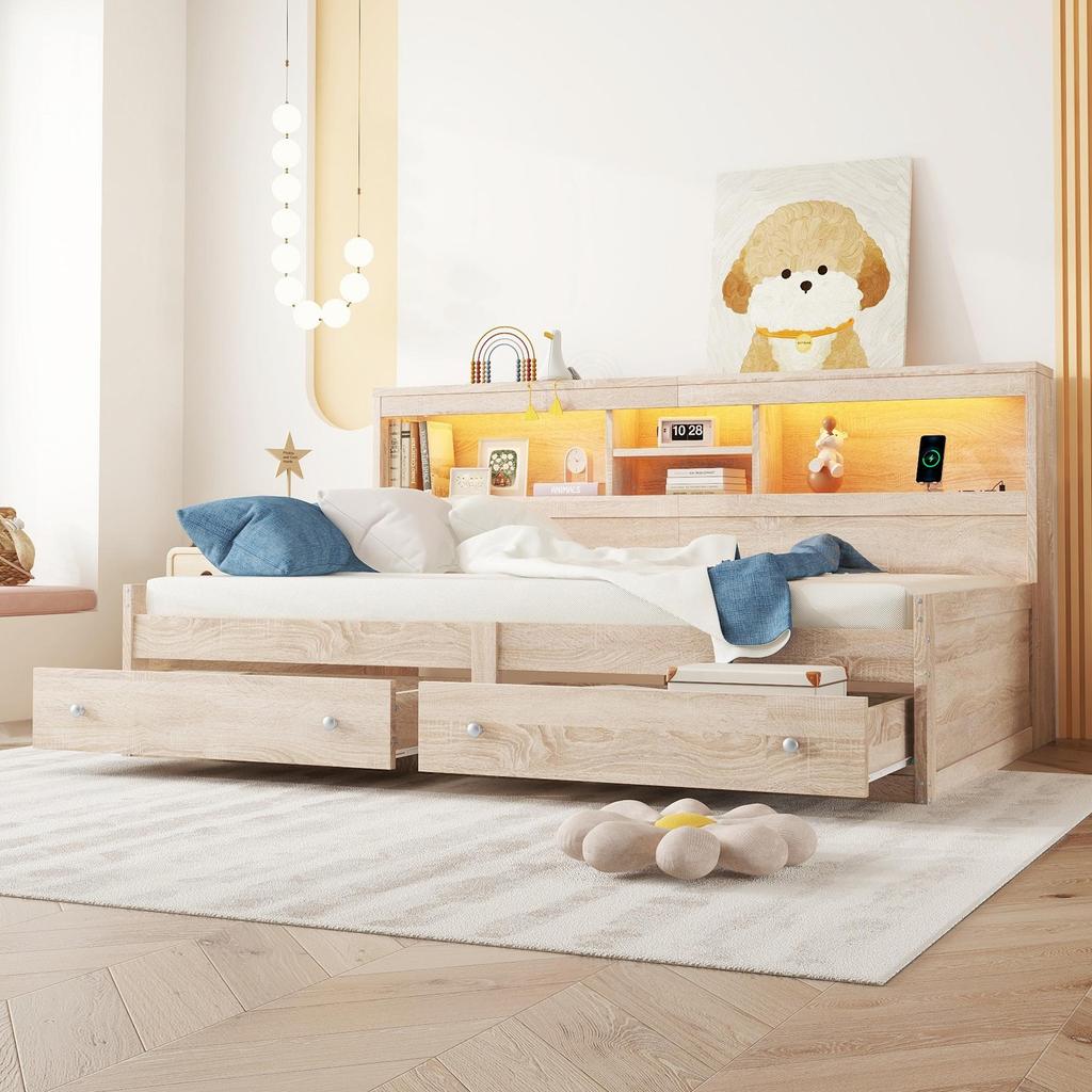 Sofa Bed Flieks 90x200 Daybed with Storage Space, Functional Bed with 2 Drawers, USB Charging Ports, Natural