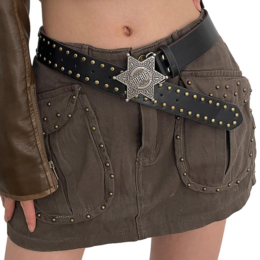 Harajuku Adult Waist Belt with Carved Buckle Alloy Rivet Waistband PU Waist Belts for Women Universal Pants Belt