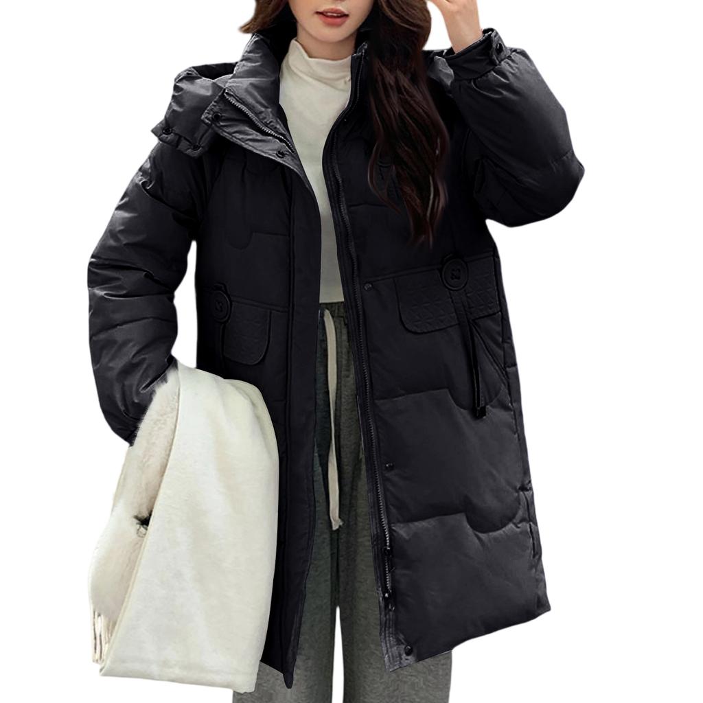 Women's Fashionable Mid-length Down Jacket With Hood And Thick Cotton-padded Coat