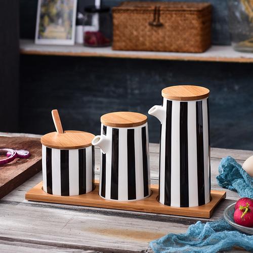 Nordic Black and White Stripes Ceramic Spice Jar Combination Set Salt Sugar Oil Soy Sauce Bottle Vinegar Pot Kitchen Supplies