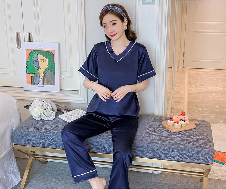 Women's Short Sleeve Faux Silk Ice Silk Pajama Set with Lapel - European Size