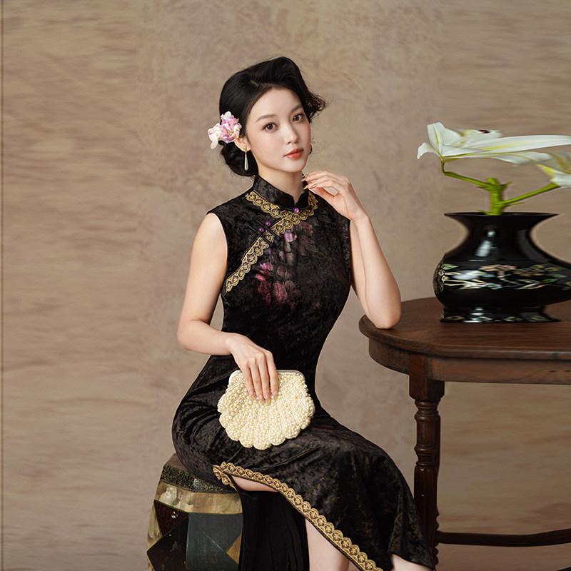 Velvet sleeveless national style new Chinese style Suzhou autumn cheongsam improved young 1011 new women's high-end feeling spring and autumn