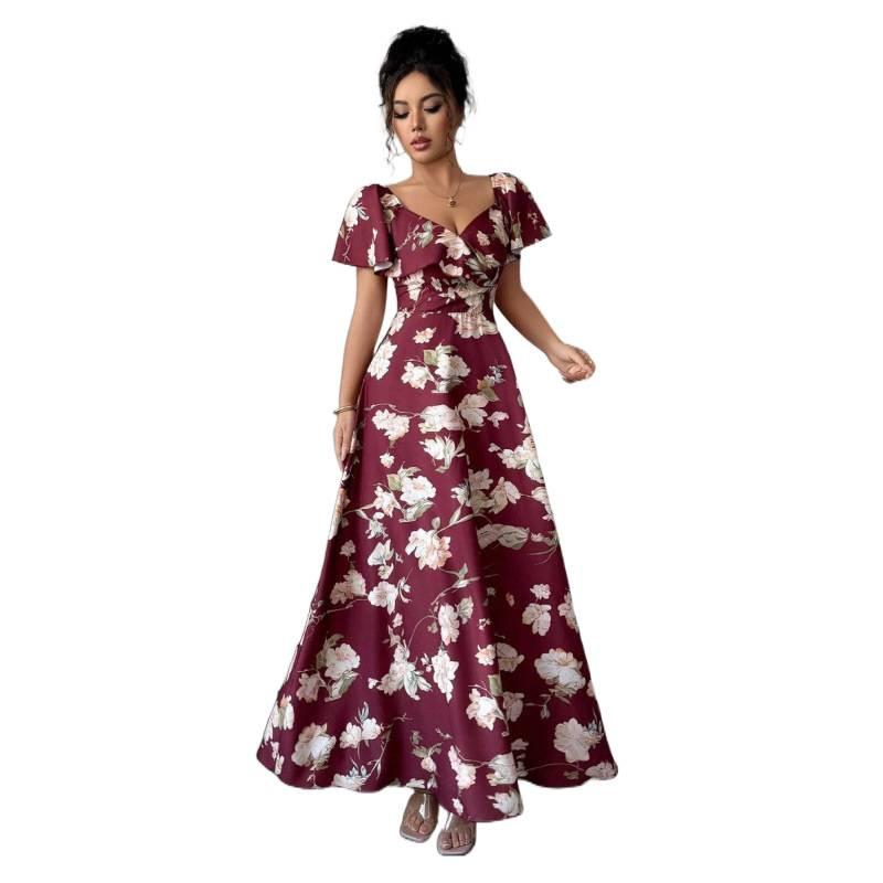 Europe, America 2026 Summer New Temperament Fashionable Ruffle Edge A Word Floral Elegant Dress Women