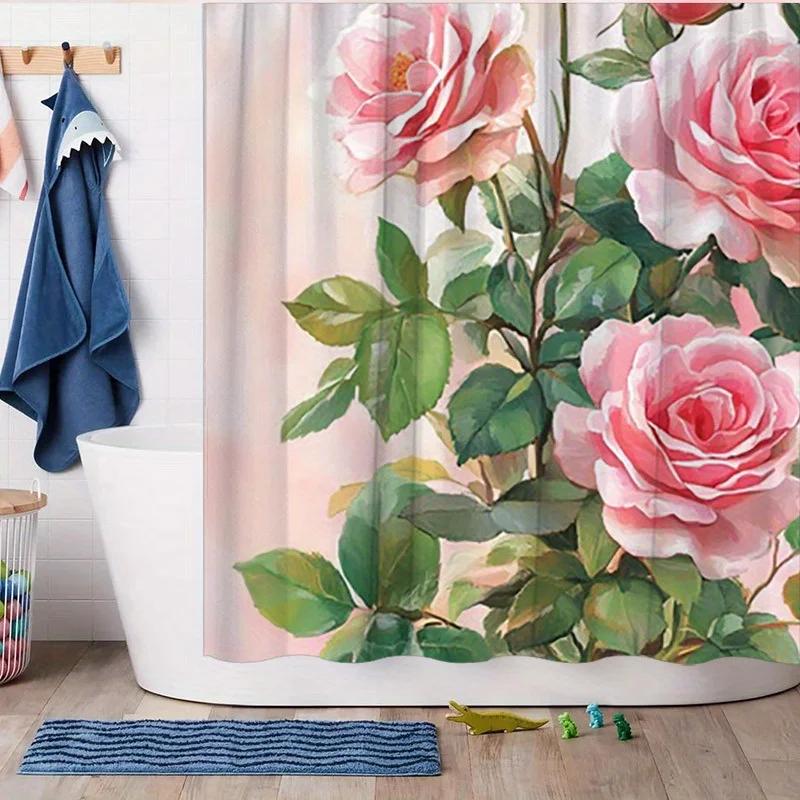 1pc Romantic Pink Roses Shower Curtain - Green Leaves, Polyester,  12 Hooks, Washable & Durable