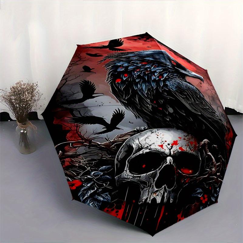 1pc Crow and Skull Pattern Beautiful Looking Automatic Folding Umbrella, 3 Folding, 8 Iron Frame Design, Durable and Suitable for Travel and Dail
