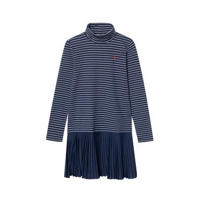 Polo High Neck Striped Pleated Long Sleeve Dress Kids Dresses 313980676-001