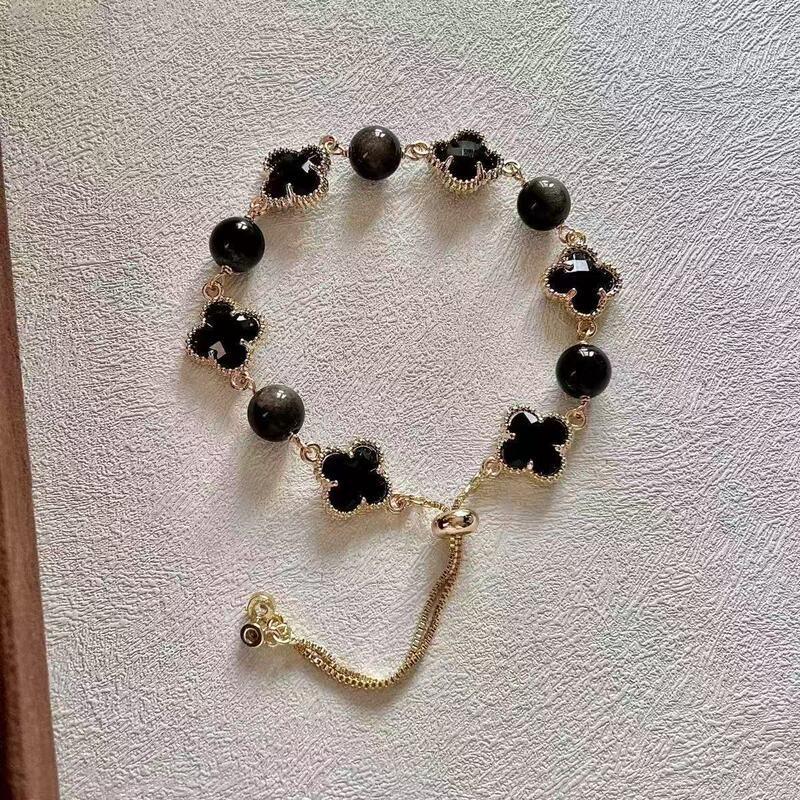 Natural Amethyst Citrine Clear Quartz Rose Four Leaf Clover Charm Bracelet Women 2025 Floral Style