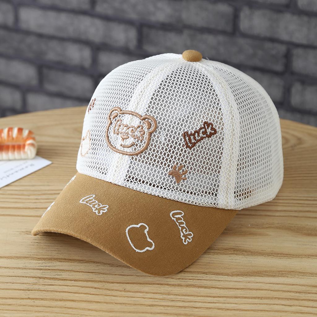 Solid- Embroidered Little Bear Letter 'Luck' Mesh Baseball Cap for Outdoor Use, Breathable and Sun-Protective Beanie Cap