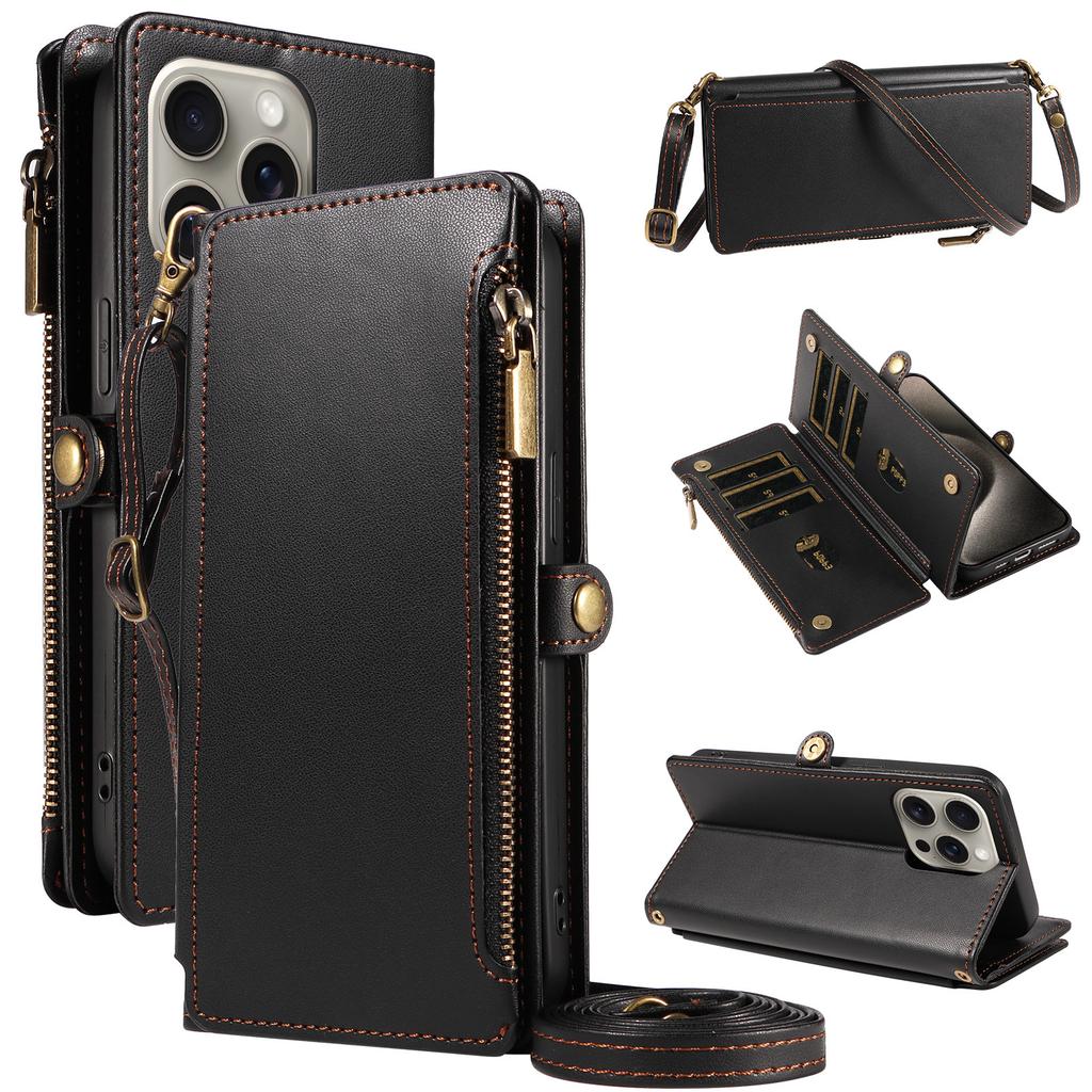 Applicable to iPhone 17 Pro Max protective case, zipper wallet, mobile phone case, leather case, anti-drop mobile phone case.