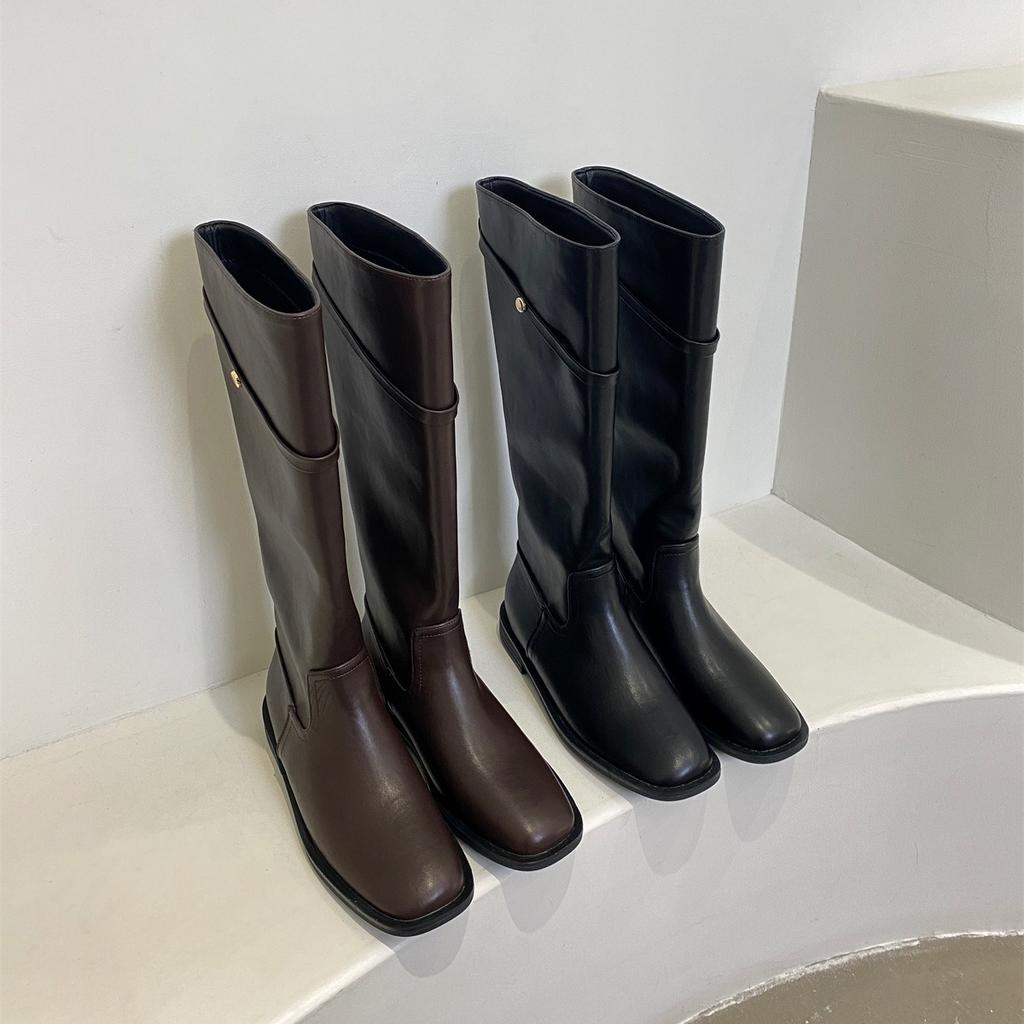 Flat Bottom Thin Tall Knight Boots Women's Shoes 2025 New Autumn and Winter Black Straight But Knee Long Boots