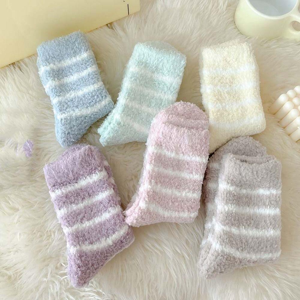 6Pairs Plush Thicken Velvet Socks Patchwork Sleeping Socks Warm Coral Fleece Socks  Girls