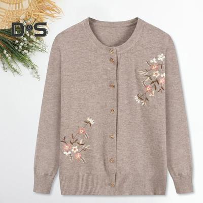 Herbst Frühling Mutter Strickmantel Blumenstickerei Einreihig Rundhals Lose Langarm Strickjacke Dehnbare Strickwaren Pullover Jacke