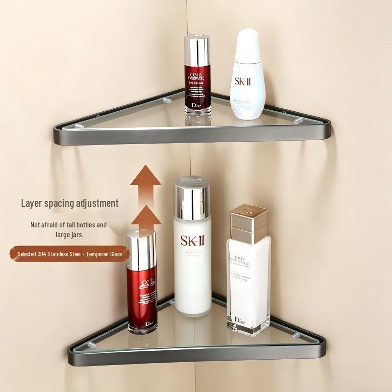 304 Stainless Steel Gunmetal Gray Corner Bathroom Glass Shelf
