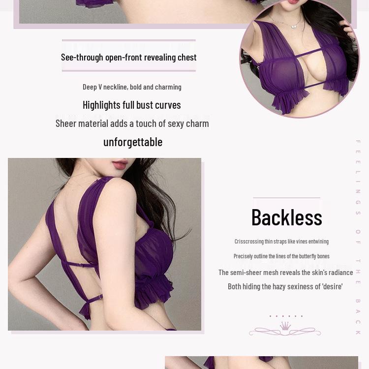 Alluring Purple Mesh Open Chest Lingerie Set