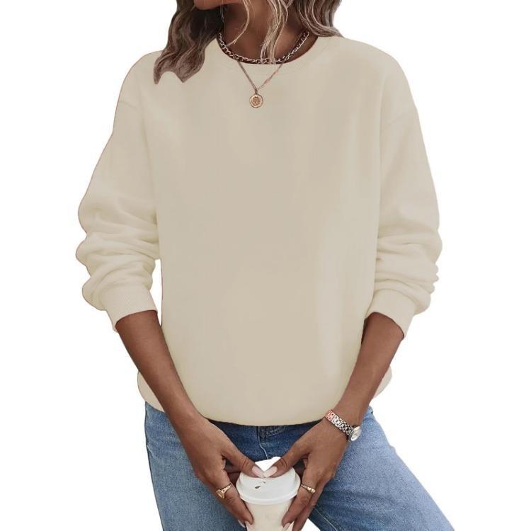 Lockere Passform Damen Hoodie Langarm Pullover Einfarbige Runde Halslinie Lässig