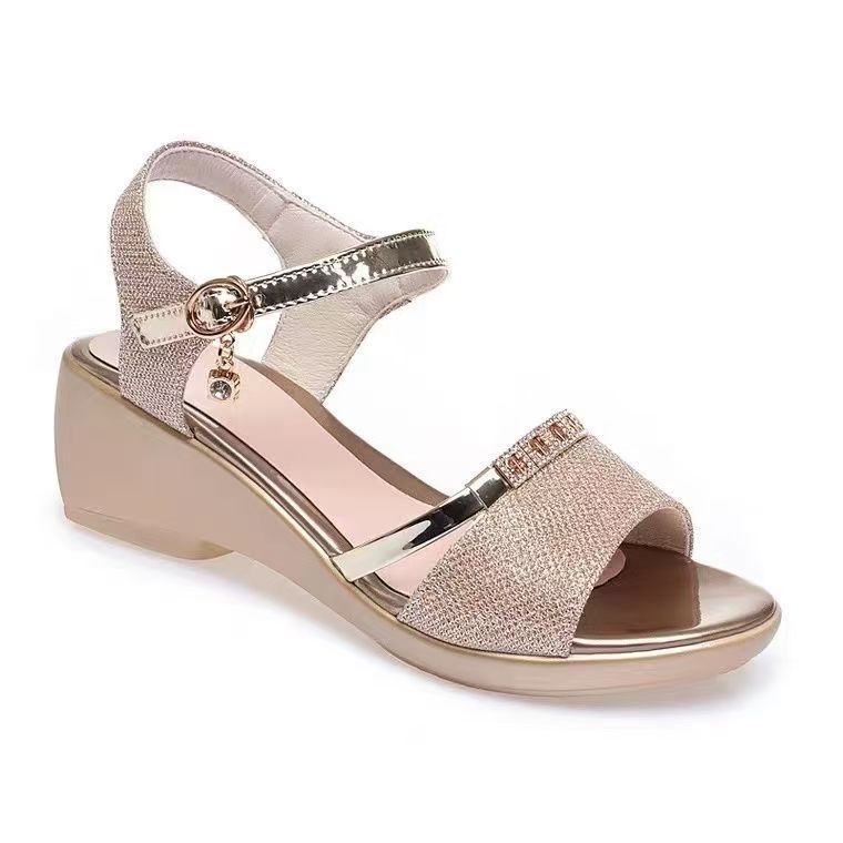 Summer New Open Toed Sandals for Women, Slope Heel Thick Bottom Sandals, Fashion Buckle with Diamond Buckle, Casual Sandals