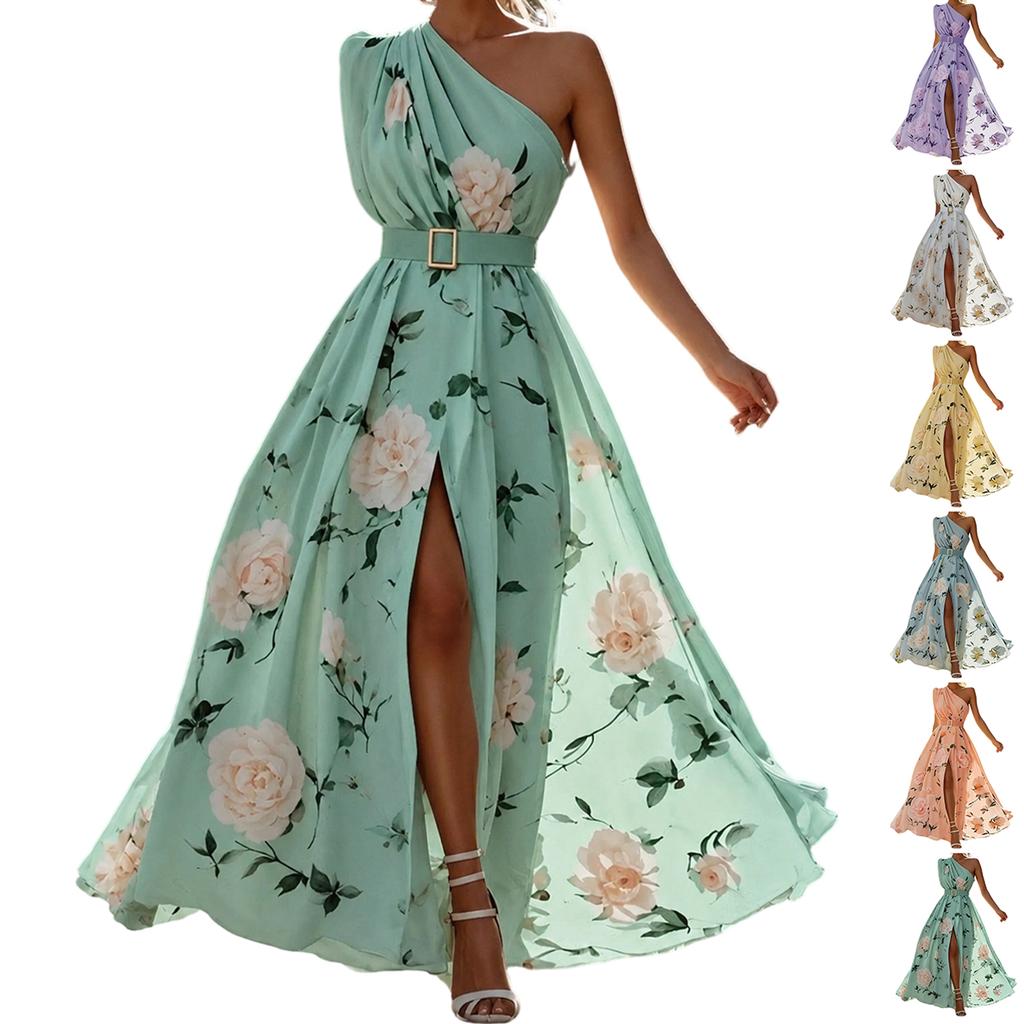 Women Floral Print Sleeveless Maxi Dress with Belt One Shoulder Design High Slit Long Dress for Casual or Formal Wear