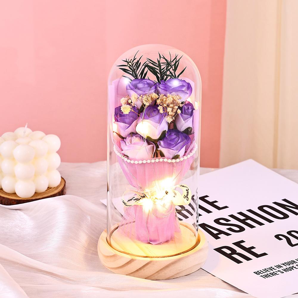 Qixi Festival Valentine's Day Gift Log Base Immortal Rose Glass Cover Creative Soap Flower Gift