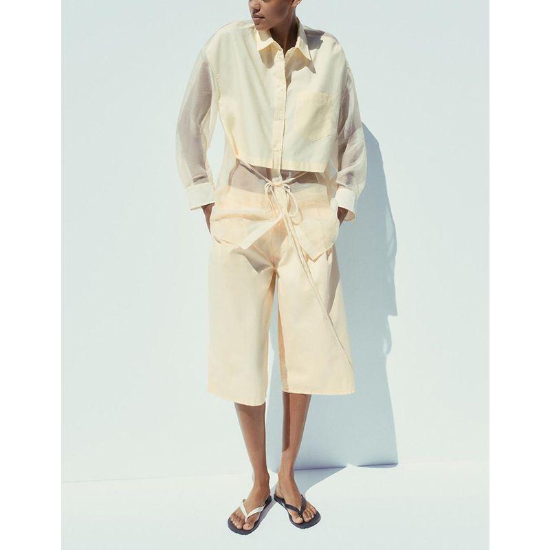 Spring and Summer New Women's Clothing Minimalist Bowknot Decoration Transparent Organza Patchwork Lapel Loose Shirt 5063023