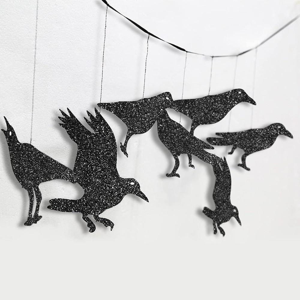 12pcs Thick Paper Black Crow Hanging Decor Dark Glittery Paper Birdcage Pendant Tree Branch
