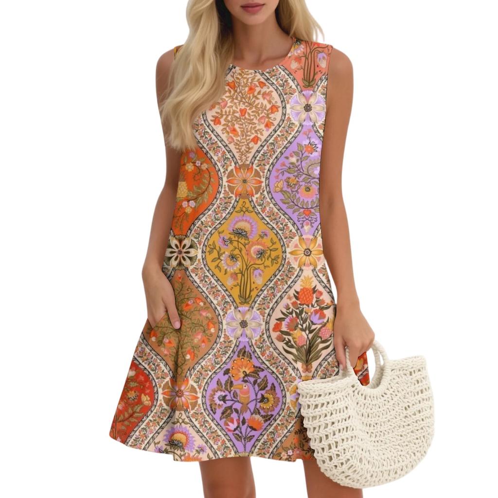 Women's Casual Fashion Breathable Round Neck Vest Floral Holiday Dress With Pockets