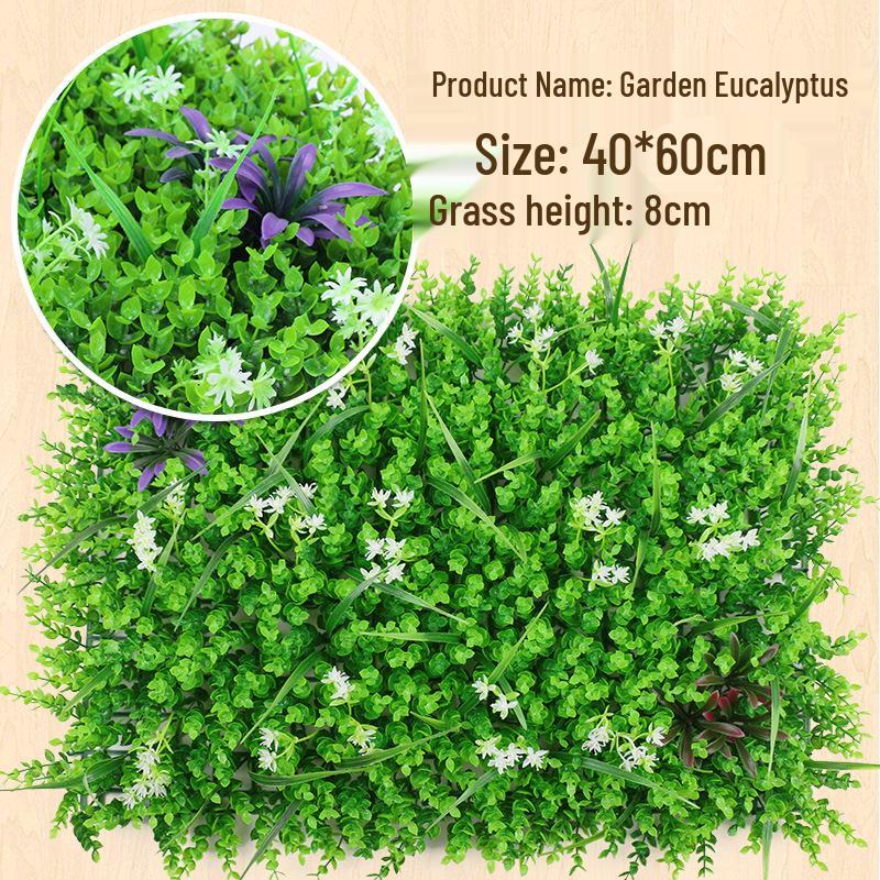 Eucalyptus Artificial Plant Wall Decoration - Greenery Background with Faux Flowers and Lawn Grass Turf