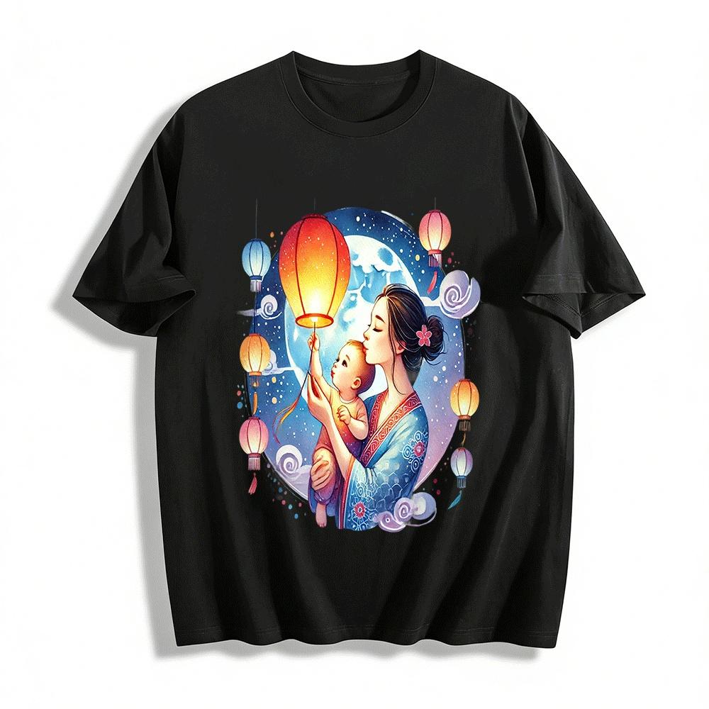 

Mid-Autumn Warm Parent-Child Lantern Moon Viewing Print Tops Pure cotton T-shirt XXS