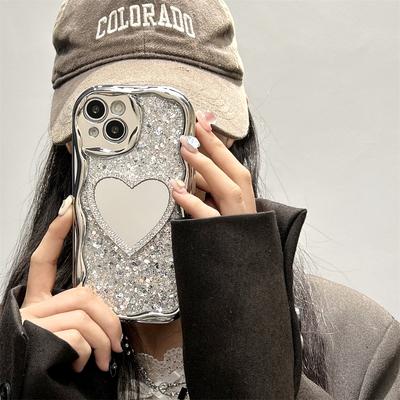 Glitter 3D Love Heart Mirror Cream Grain Edge Phone Case For iPhone 16 15 14 13 12 11 Pro Max Electroplate Soft Covers