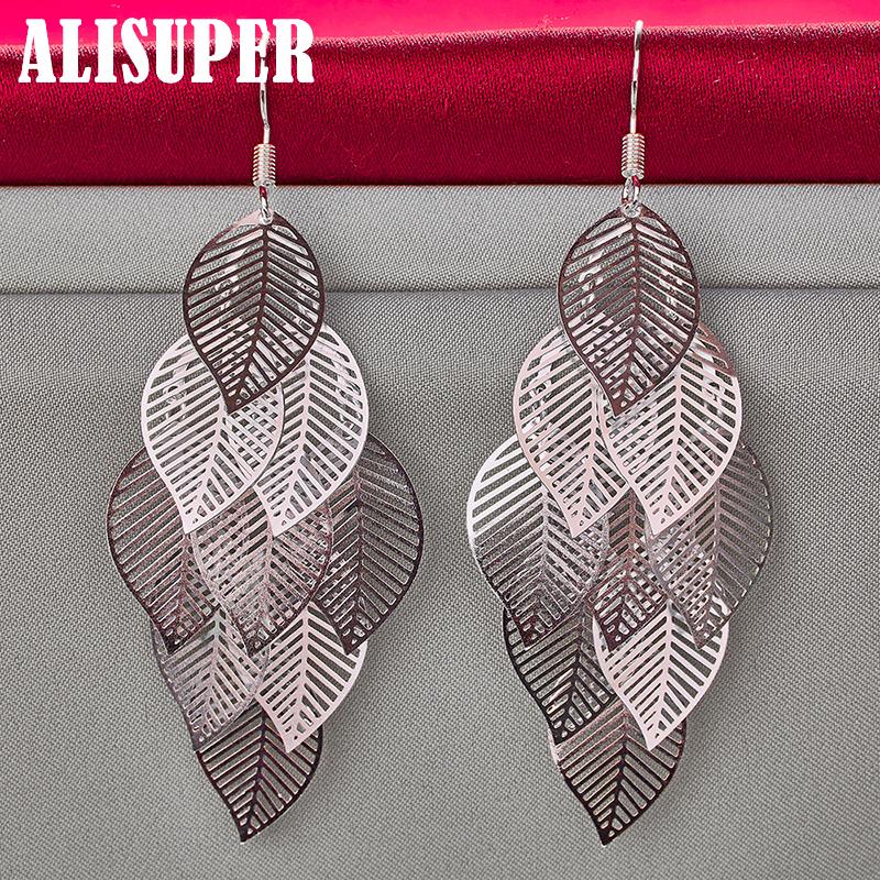 925 Sterling Silver Woman Layered Hollow Leaves Tassel Long Drop Earrings Fashion Jewelry