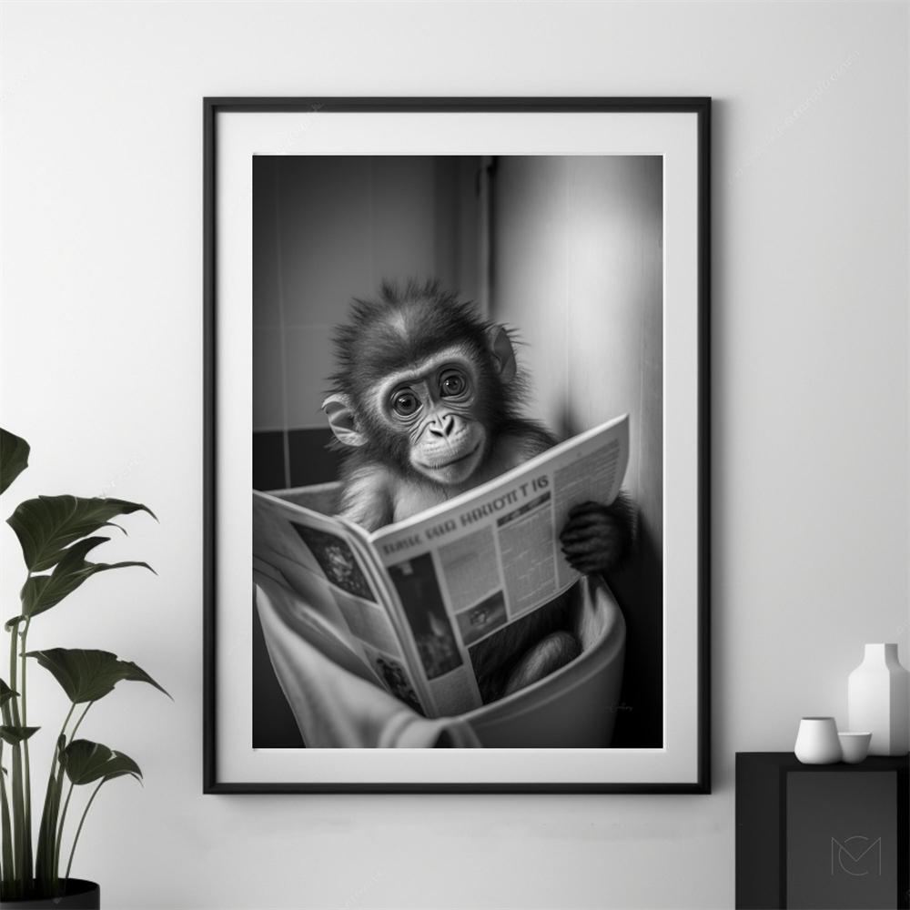 Cute Monkey Bathroom Art Prints Wall Art Funny Bathroom Print Poster Monkey Art Print Toilet Humor Whimsy Animal Canvas Painting