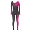 Womens Sparkling Gradient Jumpsuit Color Block Rhinestone Decorated Bodysuit Leotard Dance Gymnastics Costume