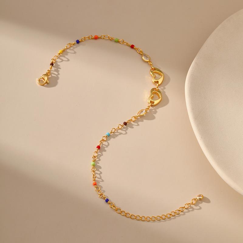 Bohemian Ethnic Style Women 18k Gold Plated Love Heart Colorful Rice Bead Foot Jewelry Anklet