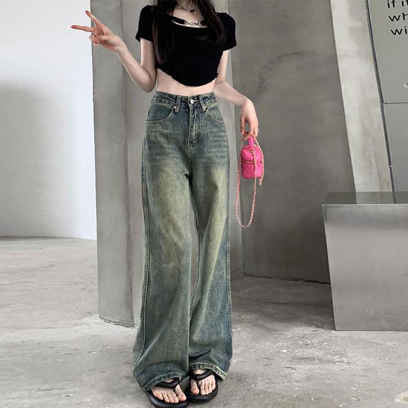 

Nostalgic Retro High-Waist Straight-Leg Jeans for Pear-Shaped Women - Casual Loose Wide-Leg Floor-Length Autumn Pants M