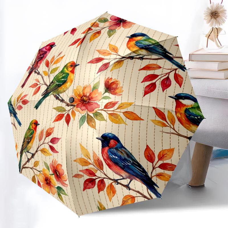 Colorful Bird Floral Printed Umbrella, Auto Open-Close 8-Rib Umbrella for Outdoor Adventures, Ideal Birthday Gift