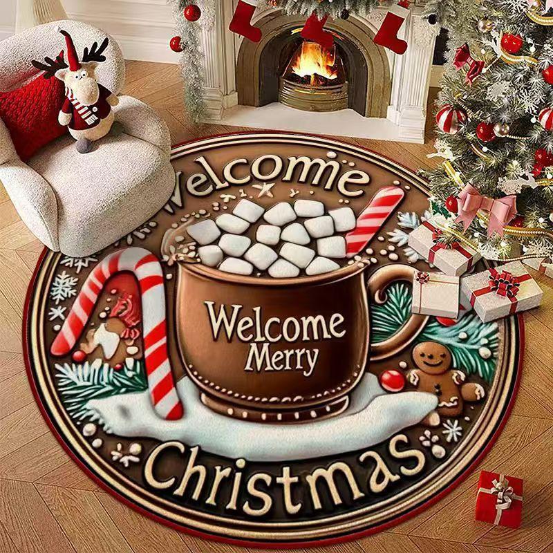 Round Christmas Area Rug, Crystal Velvet Floor Carpet with Gingerbread Print, Non Slip Dotted Back for Living Room