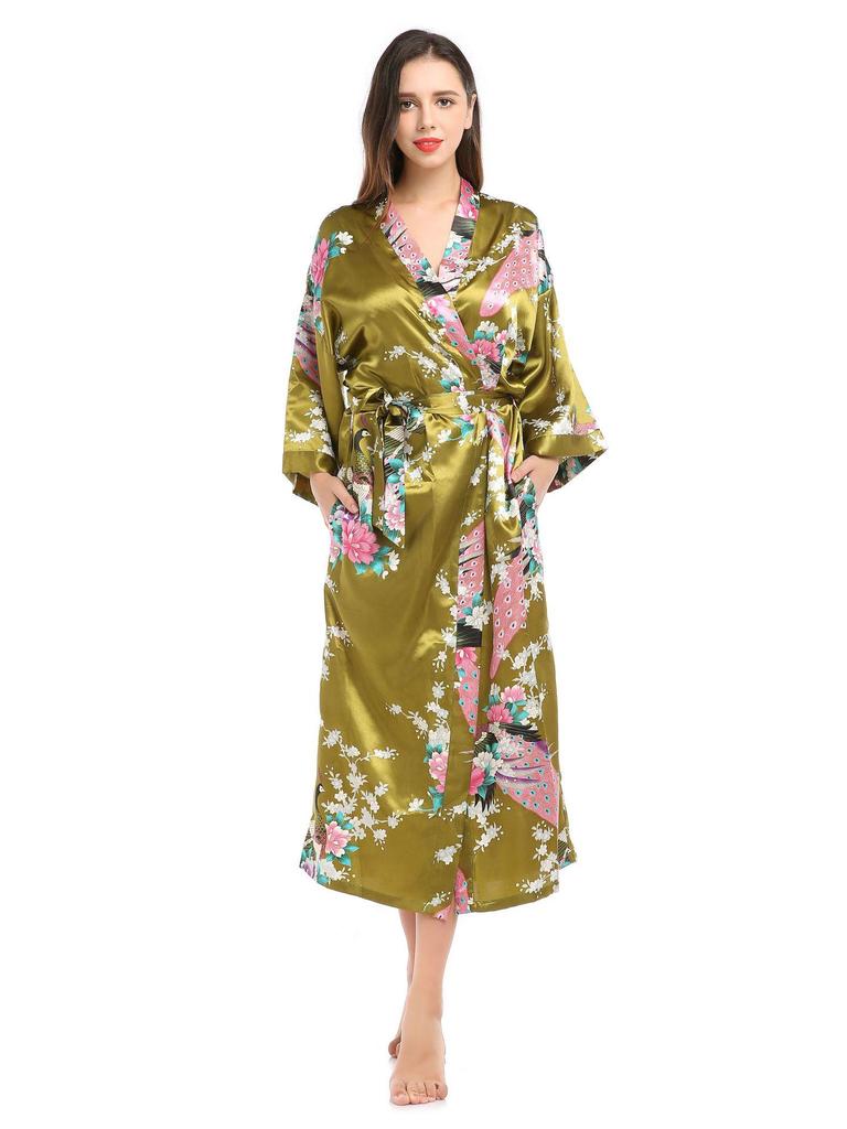 Peacock Print Long Summer Pajama Cardigan with Pockets