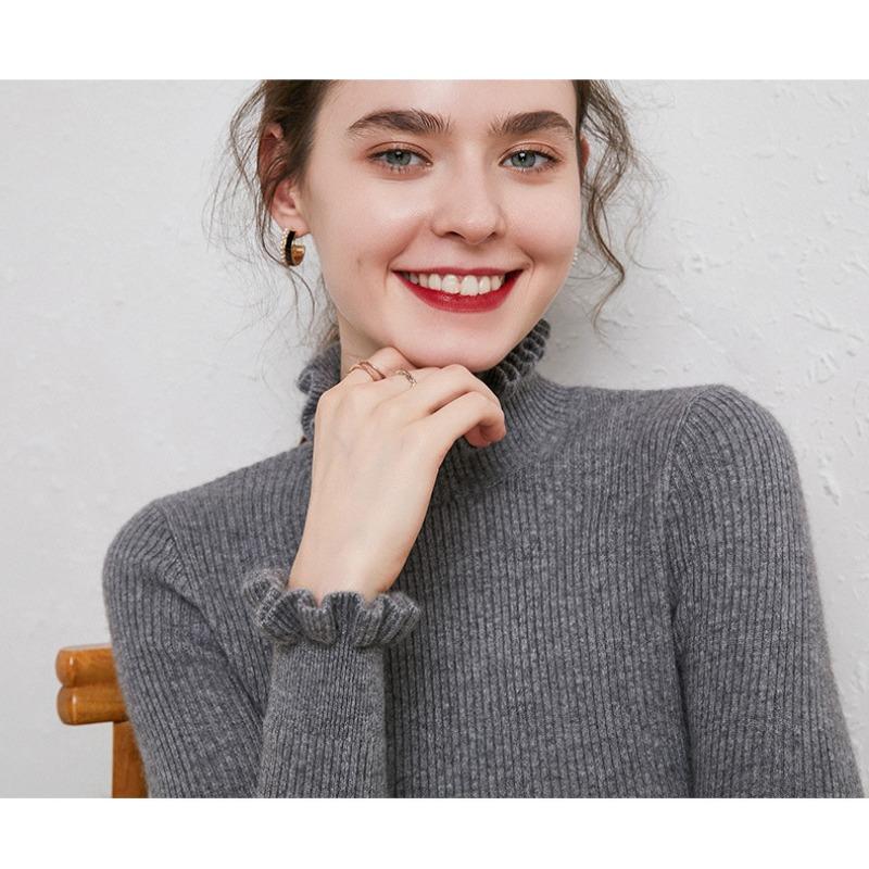 Ruffles Half High Neck Sweater Knitted Pullover Women's Long Sleeved Lace Long Sleeves Bottoming Shirt Commute Simple Casual Knitwear Autumn