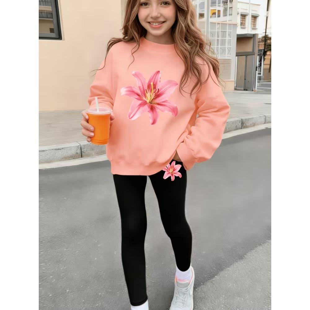 Girls' Lily Floral Casual Comfortable Soft Loose Pullover Sweatshirt and Leggings 2-Piece Set, New Autumn/Winter, Playful, Sweet and Cool Style
