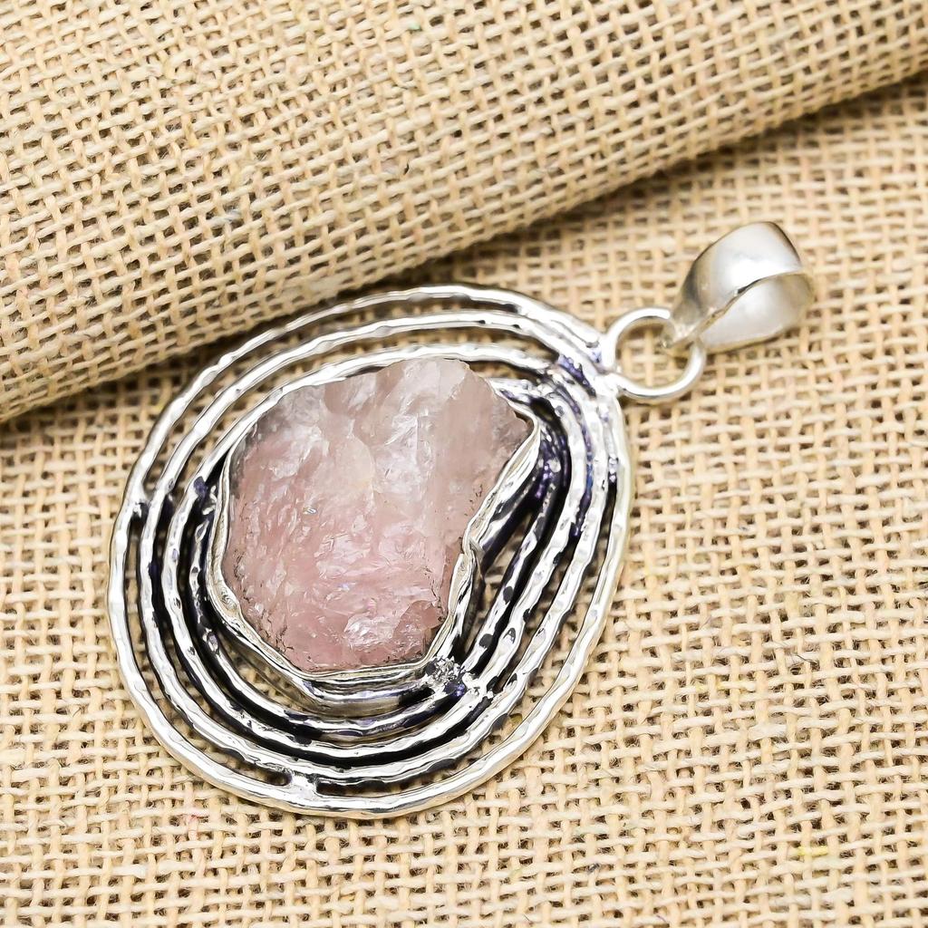 Rough Rose Quartz Gemstone Jewelry Handmade 925 Sterling Silver Adorable Pendant For Love