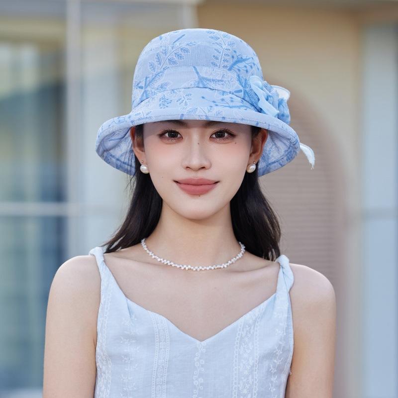Sun Hat Lady Summer Fashion Embroidery Show Face Small and Light Sun Protection Bucket Hat Mother Beach Organza Hat