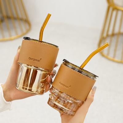 Ins Style Coffee Cup Glass Mug Cups with Lids and Straws Leak-proof Kawaii Cup Beautiful Tea Mugs Leather Cup SleeveTableware